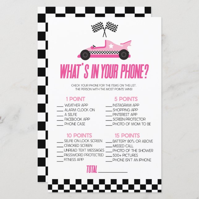 Pink Race Car In Your Phone Baby Shower Game (Front/Back)