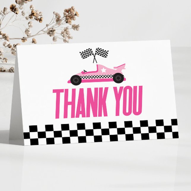 Pink Race Car Racecar Baby Shower Thank You Card (Creator Uploaded)