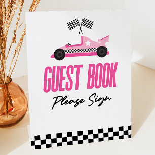 Pink Race Car Racecar Guest Book Party Pedestal Sign