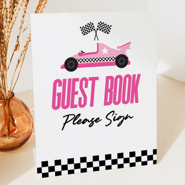 Pink Race Car Racecar Guest Book Party Pedestal Sign (Creator Uploaded)