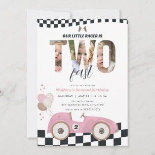 Pink Race Car Two Fast 2nd Birthday Invite Photo