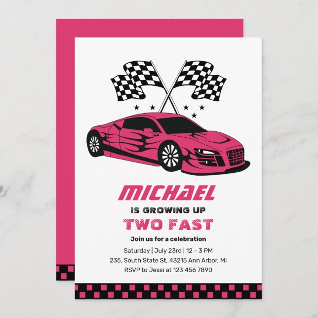 Pink Race Car Two Fast Boys 2nd Birthday Invitation (Front/Back)
