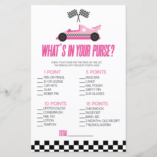 Pink Race Car What's In Purse Baby Shower Game (Front)