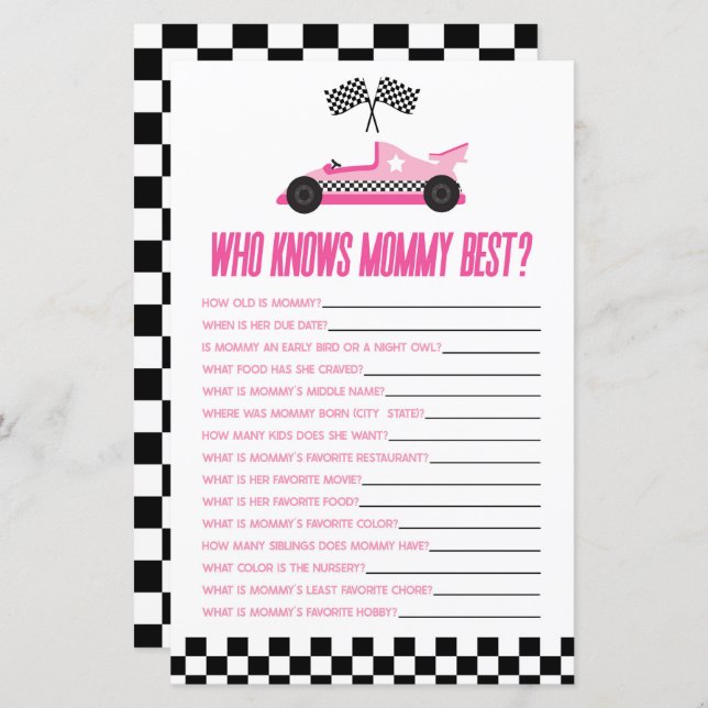 Pink Race Car Who Knows Mummy Baby Shower Game (Front/Back)
