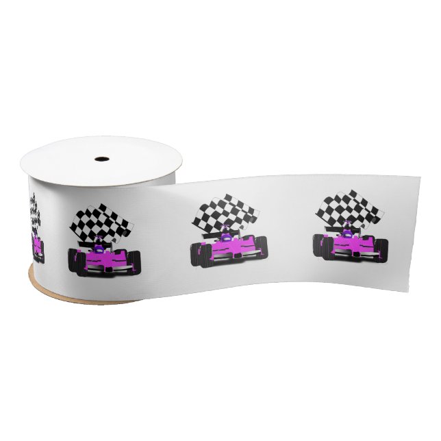 Pink Race Car with Chequered Flag Satin Ribbon (Spool)