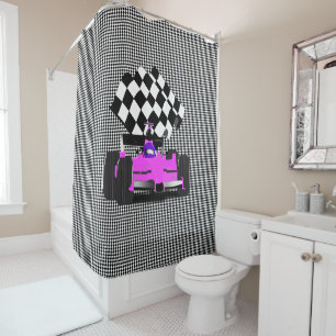 Pink Race Car with Chequered Flag Shower Curtain