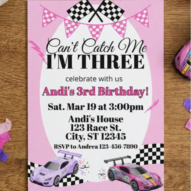 Pink Racecar, Can't Catch Me 3rd Birthday Invitation (Creator Uploaded)