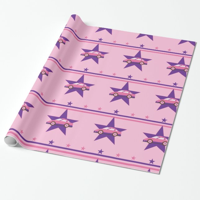 Pink Racecar Wrapping Paper (Unrolled)