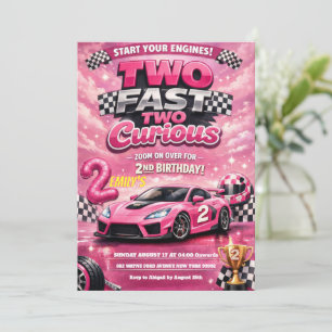 Pink Racing Car Two Fast Two Curious 2nd Birthday  Invitation