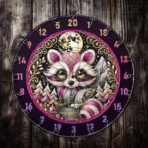Pink Racoon Stands Amidst Golden Serenity Dartboard