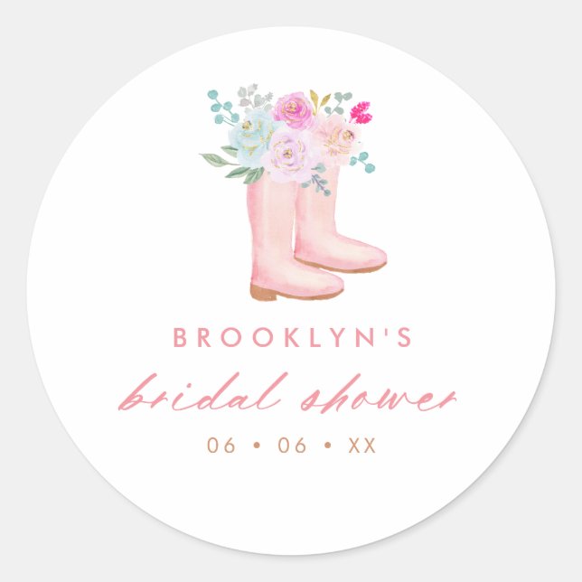 Pink Rain Boots & Flowers Bridal Shower Favour Classic Round Sticker (Front)