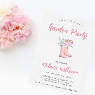 Pink Rain Boots & Flowers Garden Party Birthday Invitation