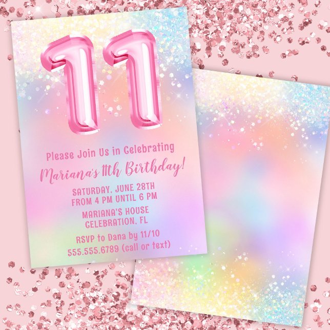 Pink Rainbow 11th Birthday Invitation (Creator Uploaded)