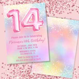 Pink Rainbow 14th Birthday Invitation