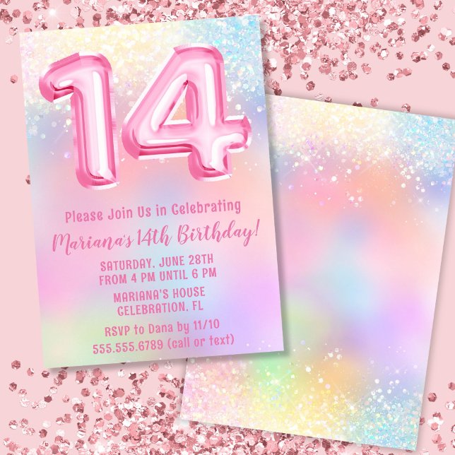Pink Rainbow 14th Birthday Invitation (Creator Uploaded)