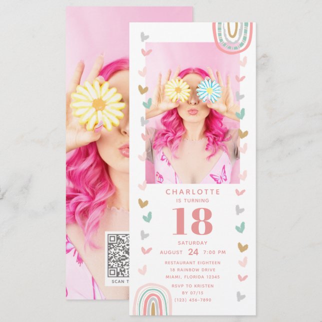 Pink Rainbow 18th Modern Photo Birthday Party Invitation (Front/Back)