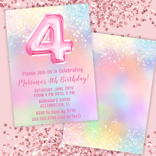 Pink Rainbow 4th Birthday Invitation