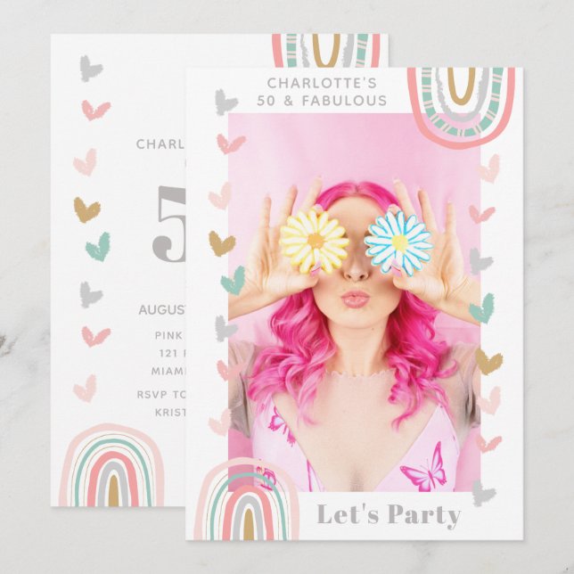 Pink Rainbow 50 & Fabulous Modern Birthday Party Invitation (Front/Back)