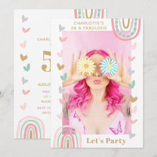 Pink Rainbow 50 & Fabulous Photo 50th Birthday Invitation