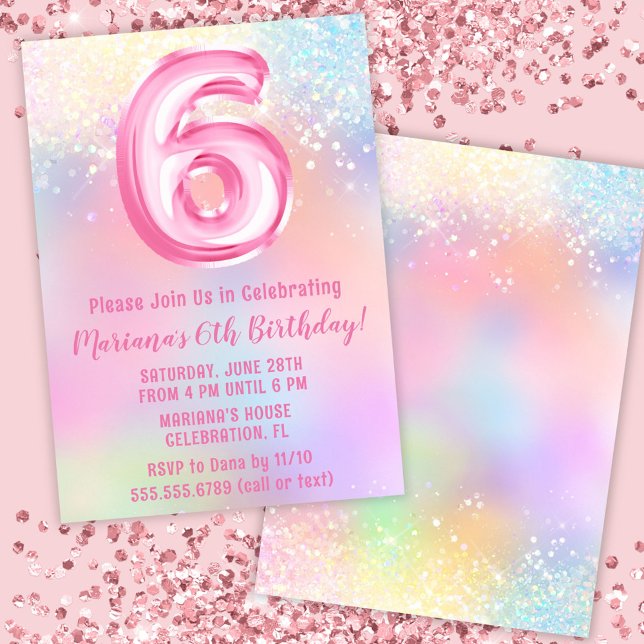 Pink Rainbow 6th Birthday Invitation (Creator Uploaded)