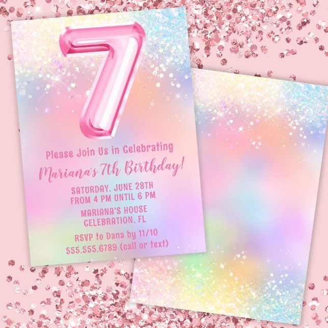 Pink Rainbow 7th Birthday Invitation (Creator Uploaded)