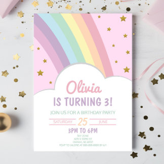 Pink Rainbow and Stars Kid's Birthday Party Invitation