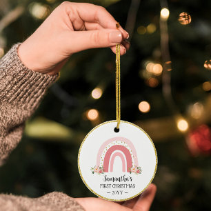 Pink Rainbow Baby First Christmas Double Sided Ceramic Ornament