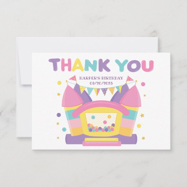 Pink Rainbow Bounce House Birthday Thank You Card (Front)