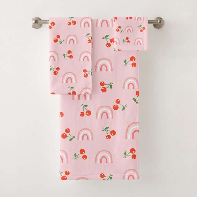 Pink Rainbow Cherry Pattern Bath Towel Set (Insitu)