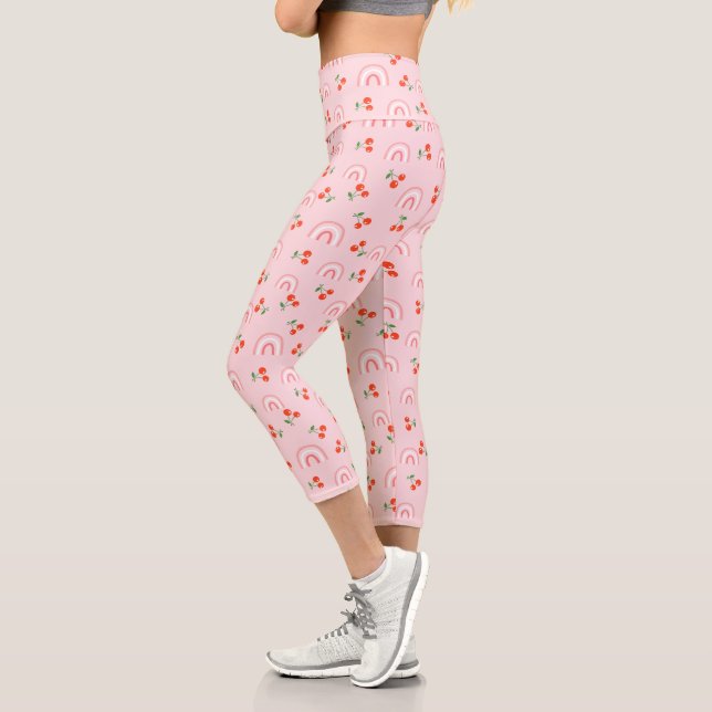 Pink Rainbow Cherry Pattern Capri Leggings (Left)