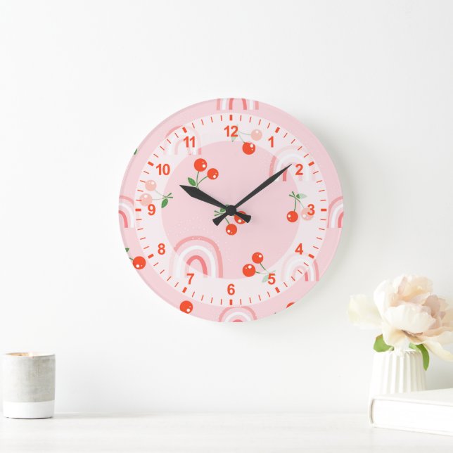 Pink Rainbow Cherry Pattern Large Clock (Home)