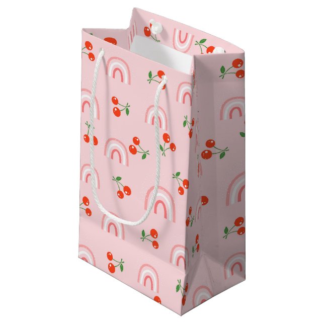 Pink Rainbow Cherry Pattern Small Gift Bag (Front Angled)