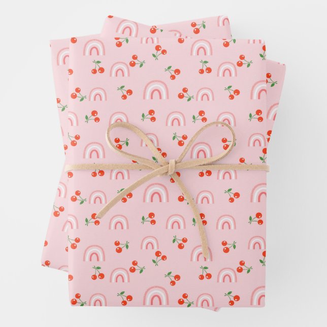 Pink Rainbow Cherry Pattern Wrapping Paper Sheet (In situ)