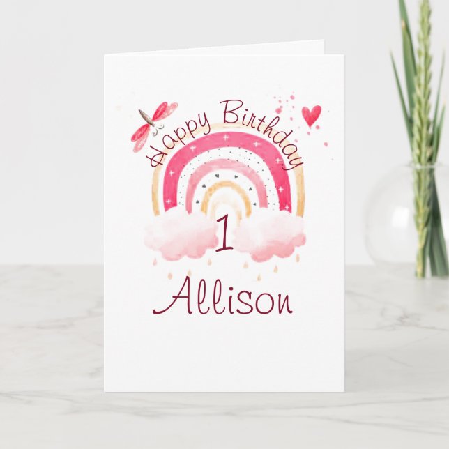 Pink rainbow custom year personalised birthday card (Front)