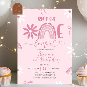 Pink Rainbow Daisy Coquette Girl 1st Birthday invi Invitation