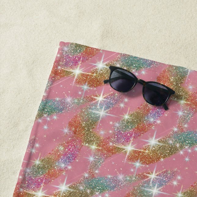 Pink Rainbow Faux Glitter Sparkle Pattern Beach Towel (In Situ)