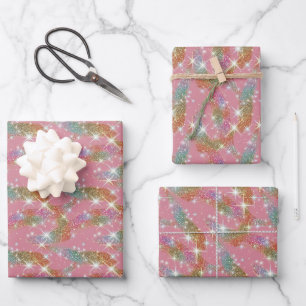 Pink Rainbow Faux Glitter Sparkle Pattern Wrapping Paper Sheet