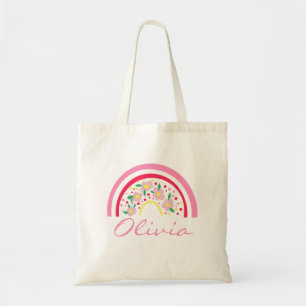 Pink Rainbow Floral Personalised Name Tote Bag