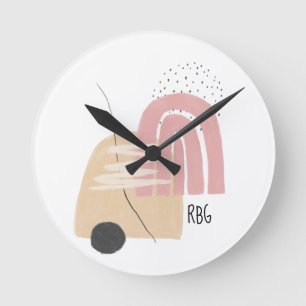 Pink Rainbow Geometric Monogram Pattern Design Round Clock