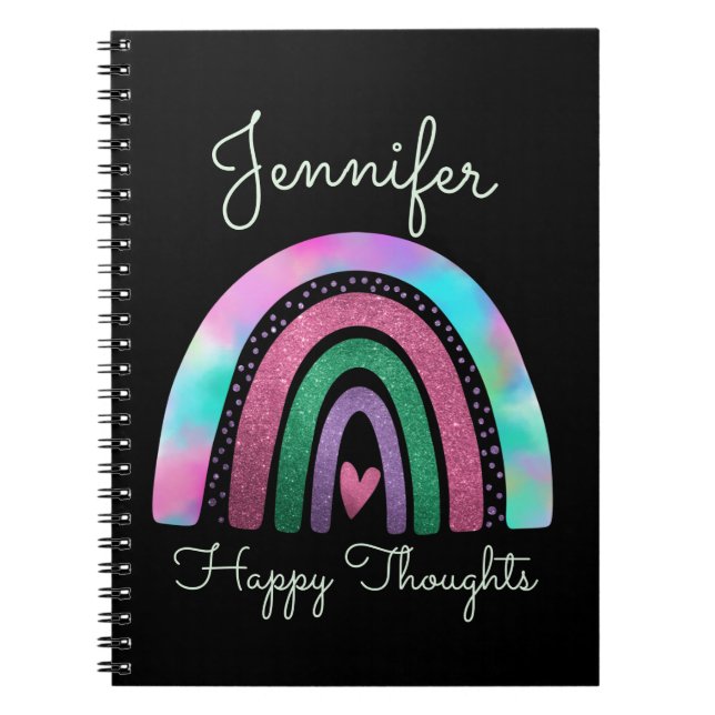 Pink Rainbow Glitter & Heart Girls Custom Black Notebook (Front)