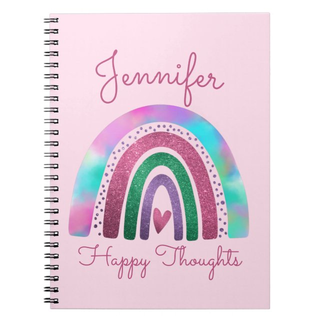 Pink Rainbow Glitter & Heart Girls Personalised Notebook (Front)