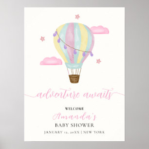 Pink Rainbow Hot Air Balloon Baby Shower Welcome Poster