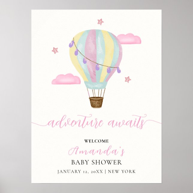 Pink Rainbow Hot Air Balloon Baby Shower Welcome Poster (Front)