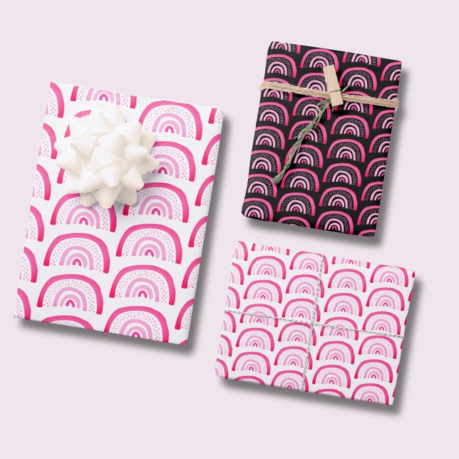 Pink Rainbow Pattern Wrapping Paper Sheet (Mixed pack of rainbow wrapping paper sheets.  Colorful pink rainbows with white or black background.)