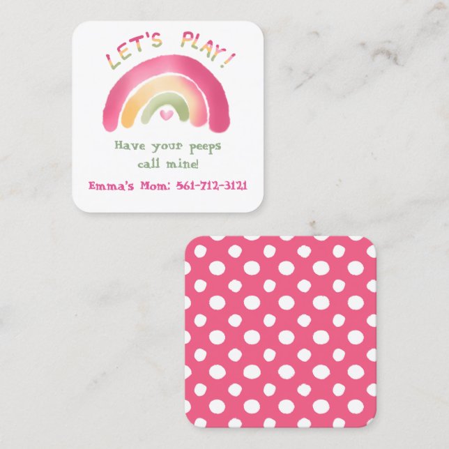 Pink Rainbow Rounded Square Play Date Cards (Front/Back)
