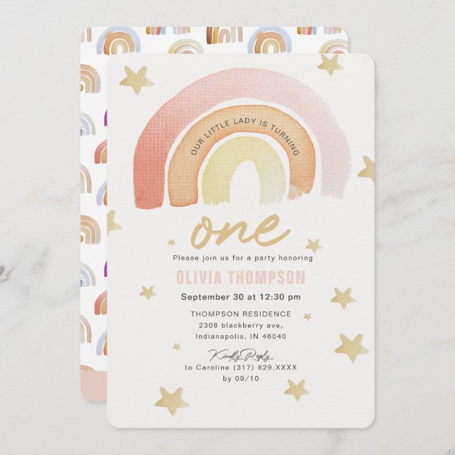 Pink Rainbow Stars First Birthday Party Invitation (Front/Back)