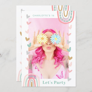 Pink Rainbow Sweet 16 Modern Boho Birthday Party Invitation