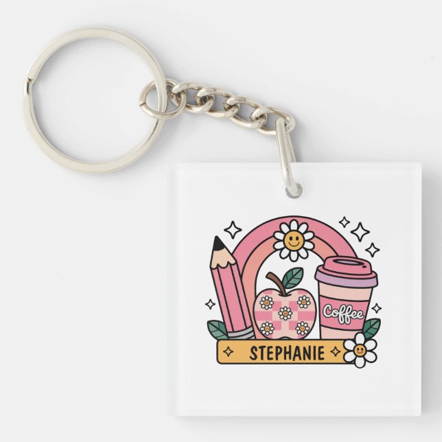Pink Rainbow Teacher Essentials – Personalised Key Ring (Front)