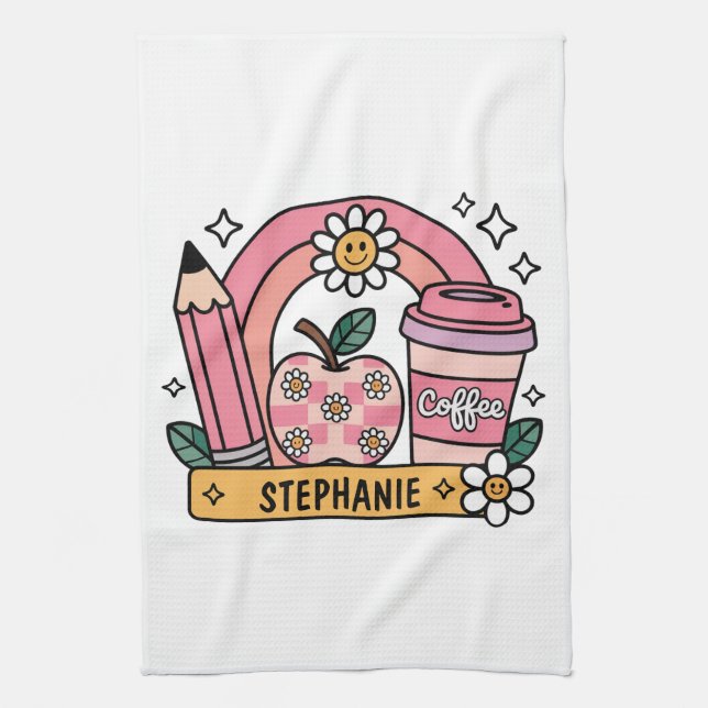 Pink Rainbow Teacher Essentials – Personalised Tea Towel (Vertical)