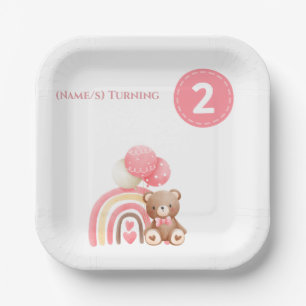 Pink rainbow, teddy & balloon girls 2nd Birthday Paper Plate